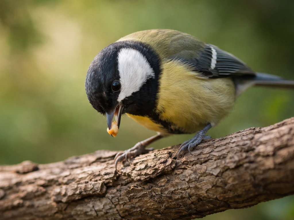 Small wild bird tilting its head while eating a small food piece on a natural branch