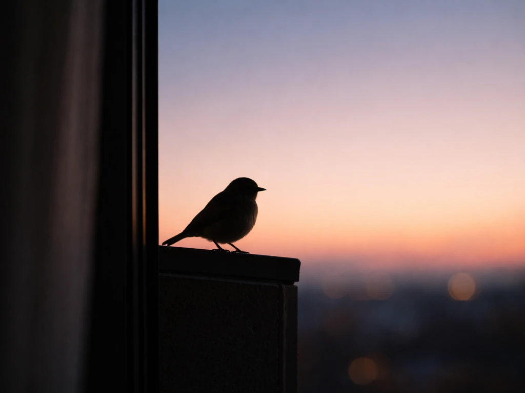 Silhouette of a bird tilting its head near a window at dusk in soft, symbolic light