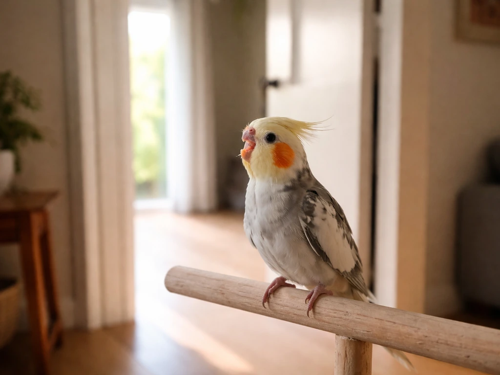 Small bird on a perch calling toward an open doorway filled with bright light