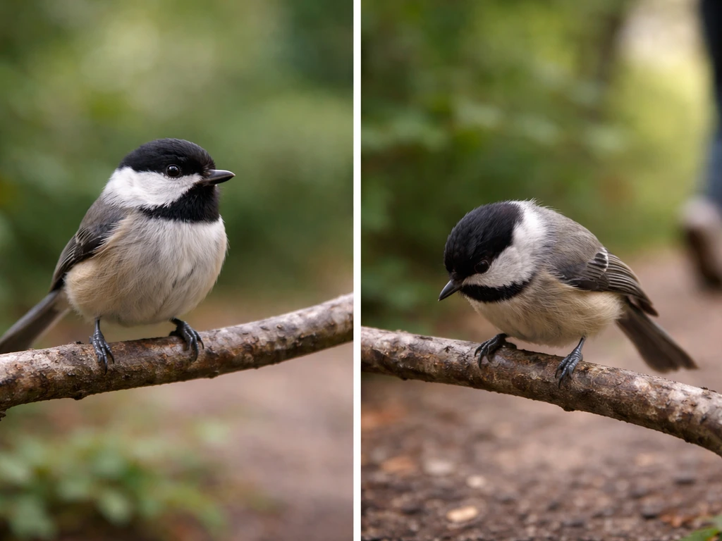 Two birds side-by-side: one relaxed and smooth-feathered, the other crouched with distressed posture as you leave.
