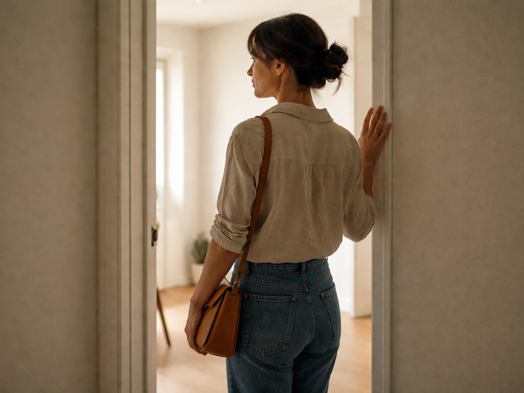 Person pausing at a doorway, hand on doorframe, taking a slow breath before stepping out