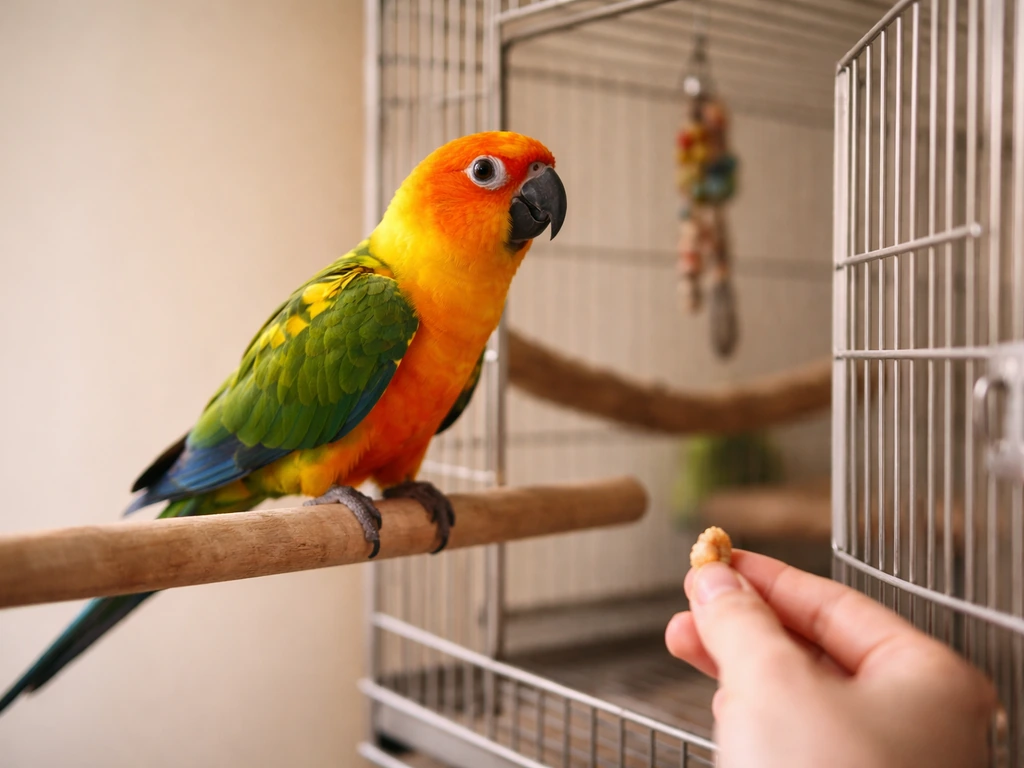 Parrot on a perch beside an open cage door while a hand offers a treat near a quiet room boundary