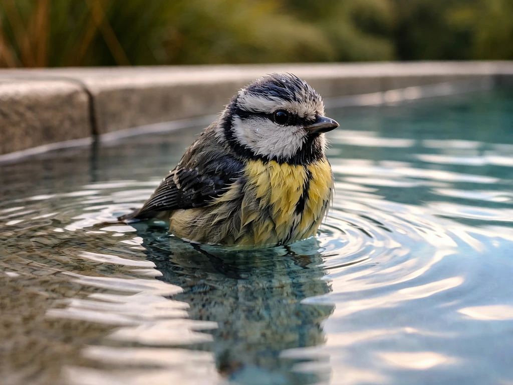 Small bird perched at a pool’s edge, wet feathers and ripples in natural light.