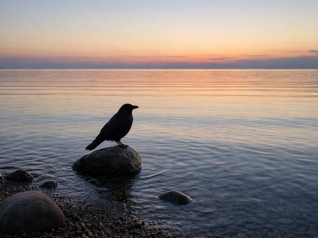 Single bird perched by calm dusk water, soft reflections and fading twilight sky.