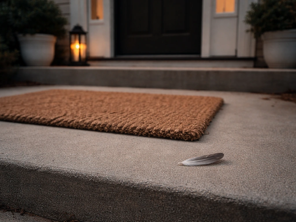 Small bird feather lying by a quiet home doorway threshold at dusk, subtle omen-like mood.
