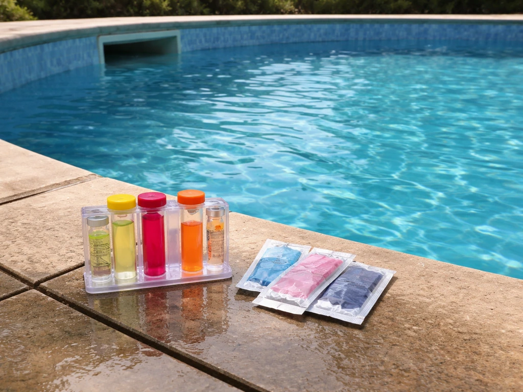 Pool test kit placed near the skimmer beside clean blue pool water, suggesting chlorine and pH testing.