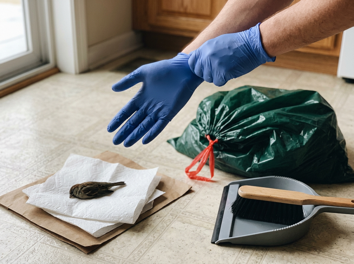 Disposable waterproof gloves placed on hands before safely handling a dead bird indoors.