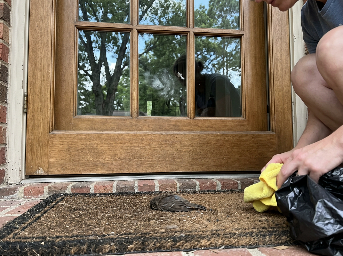Window collision aftermath near a glass door where a bird hit the window.