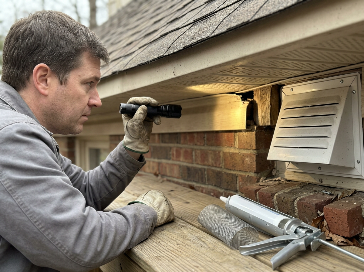 Checking and sealing a small gap near vents/roofline to prevent birds entering.