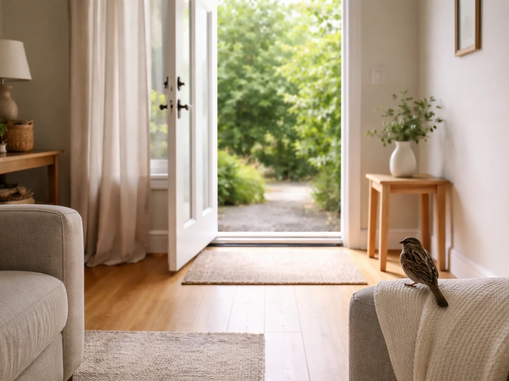 Calm small bird inside a living room with an open door and clear escape path outdoors.