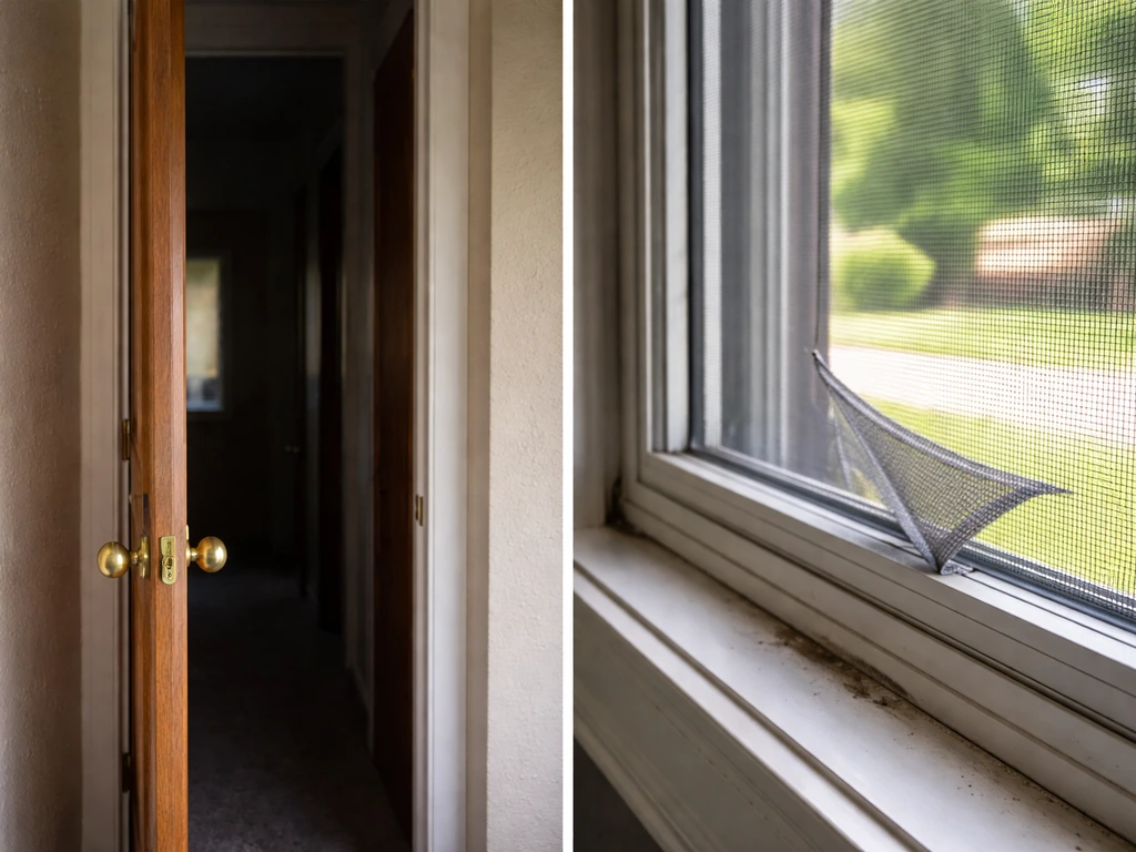 Close-up view of a slightly ajar door and cracked window screen gaps showing how a bird may enter.