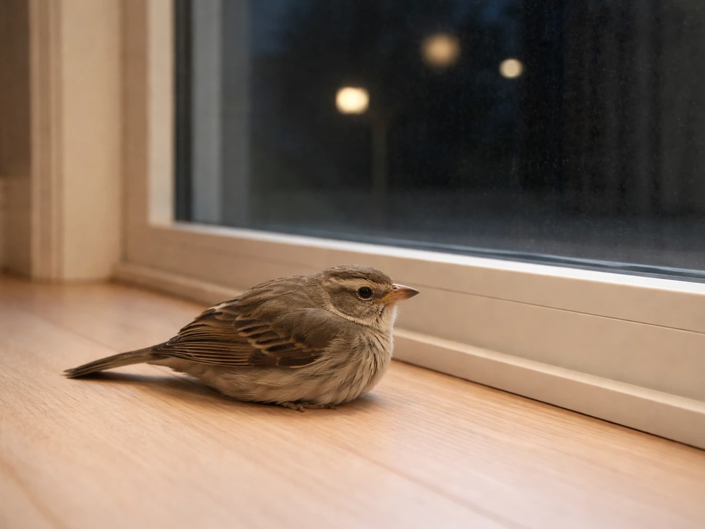 Stunned small bird on an indoor floor beside a window with sky and light reflections on the glass.