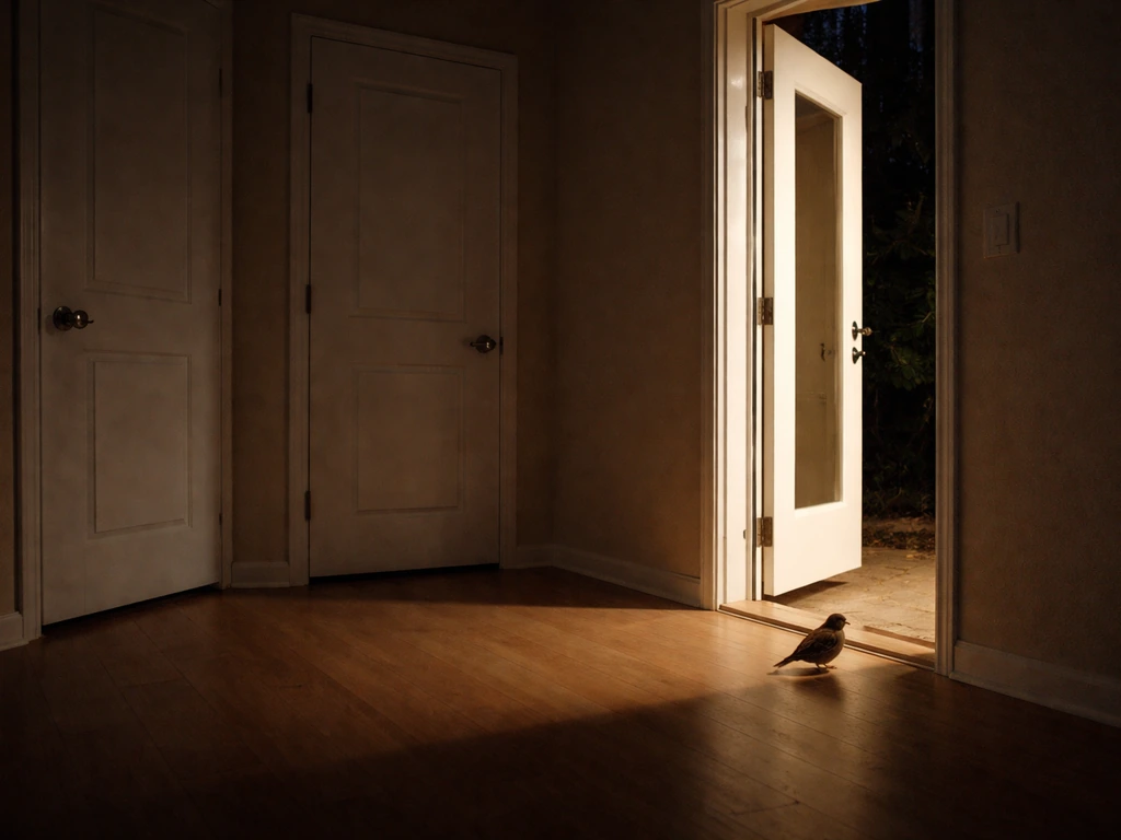 Small bird near an open exterior door/window in a dim room, other doors closed, warm light guiding exit.