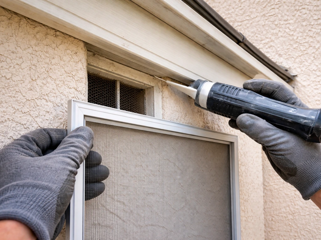 Hands sealing a small gap under a roofline and holding a repaired window screen near a cleaned vent