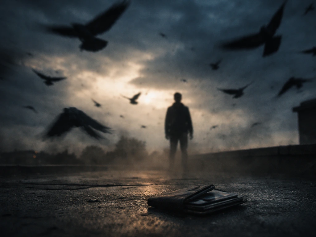 Surreal stormy sky as a flock of dark birds dives toward a lone figure’s shadow on a rooftop