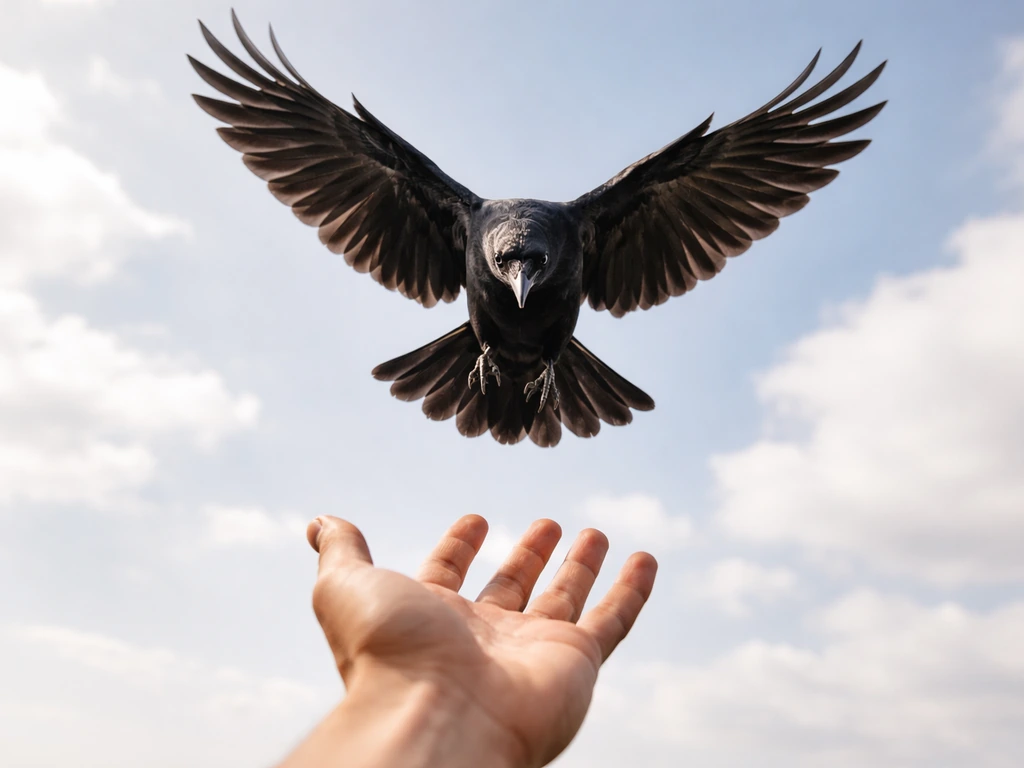 A bird diving from above toward an outstretched hand against a bright sky.