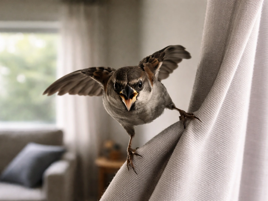 A small bird lunges toward the camera near a window curtain inside a living room.