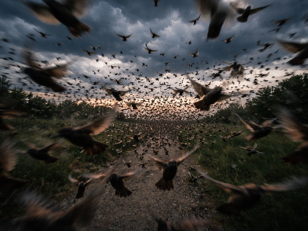 A frantic flock of birds swirls toward the viewer in a dizzying chase, motion blur and dramatic sky.