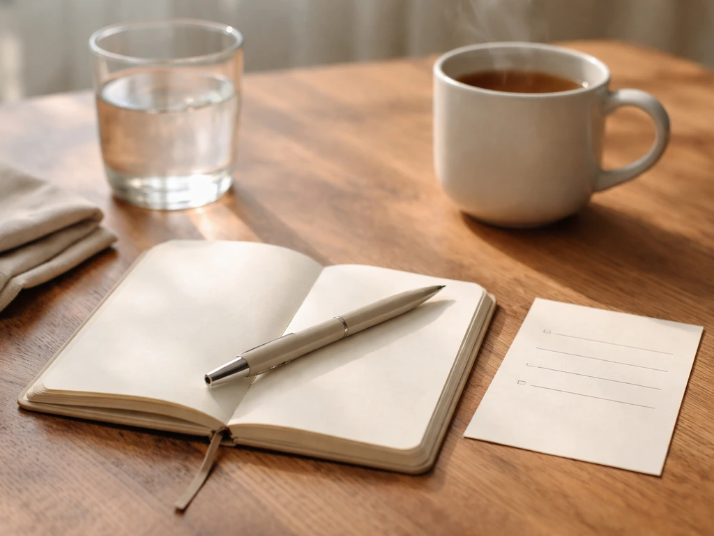 Morning grounding setup with an open notebook, pen, and a simple checklist card beside water and tea.