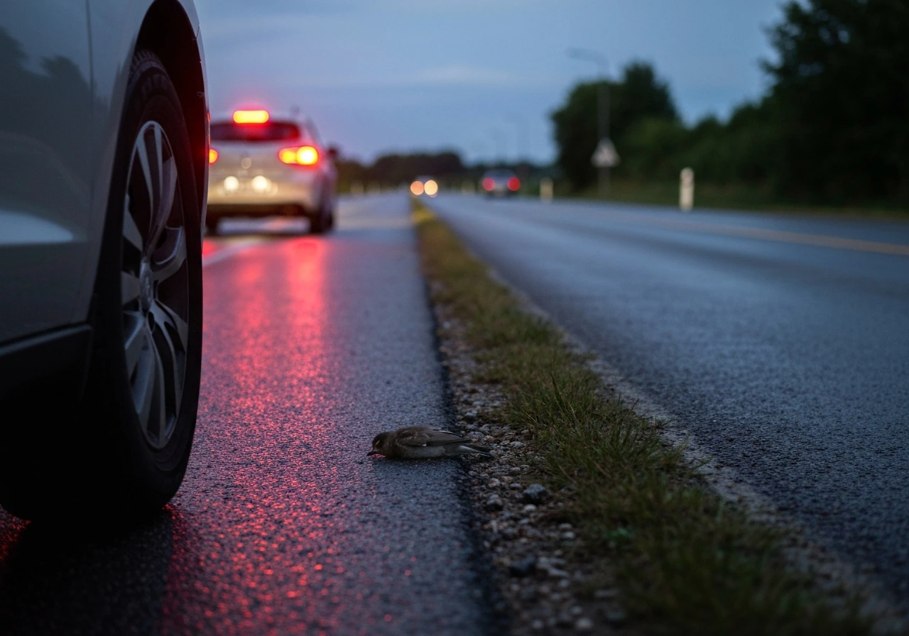 Car hazard lights on a quiet road; small bird by the shoulder at a safe distance, tense aftermath
