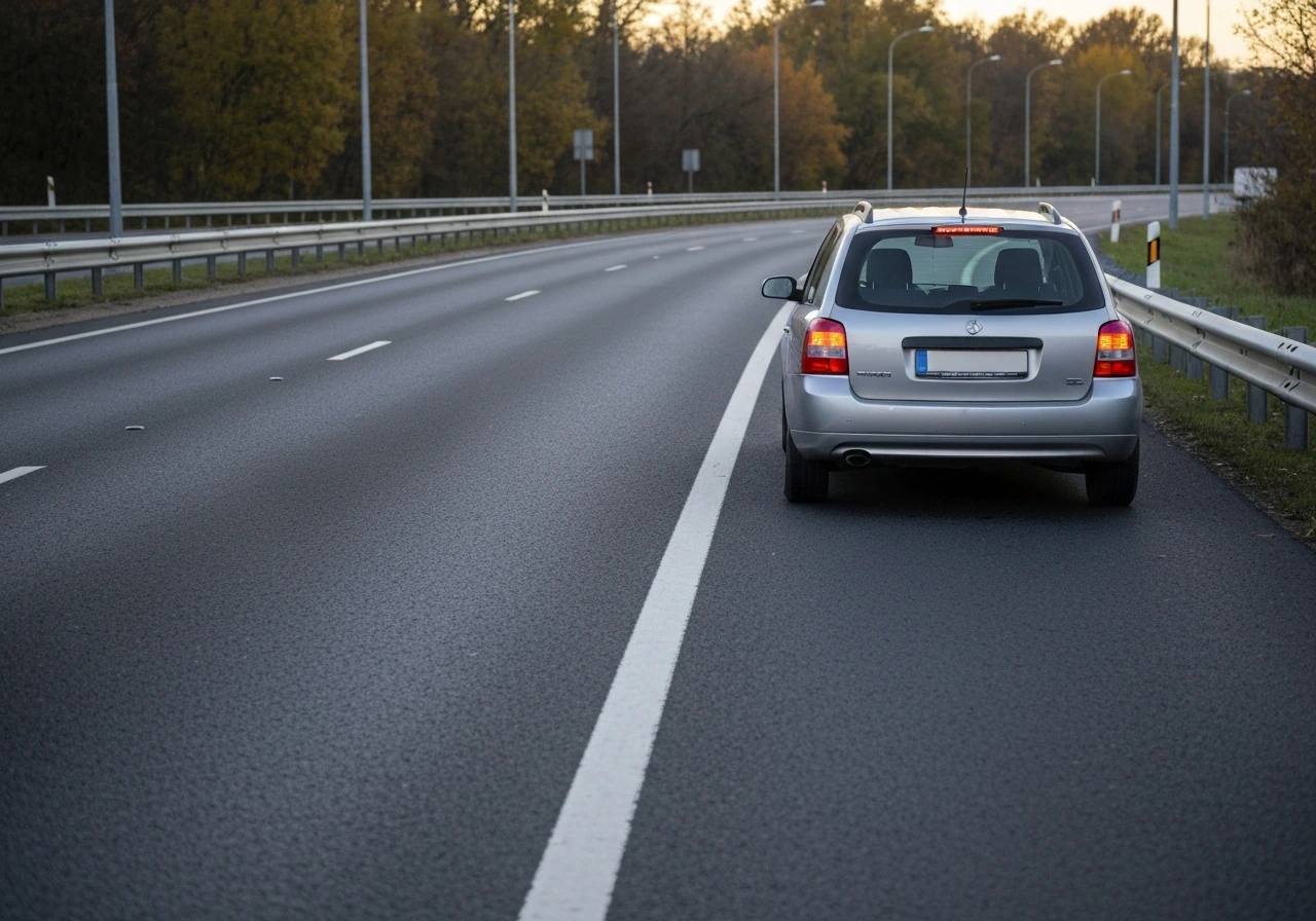 Driver’s car on a quiet road shoulder with hazard lights on, viewed safely away from traffic.