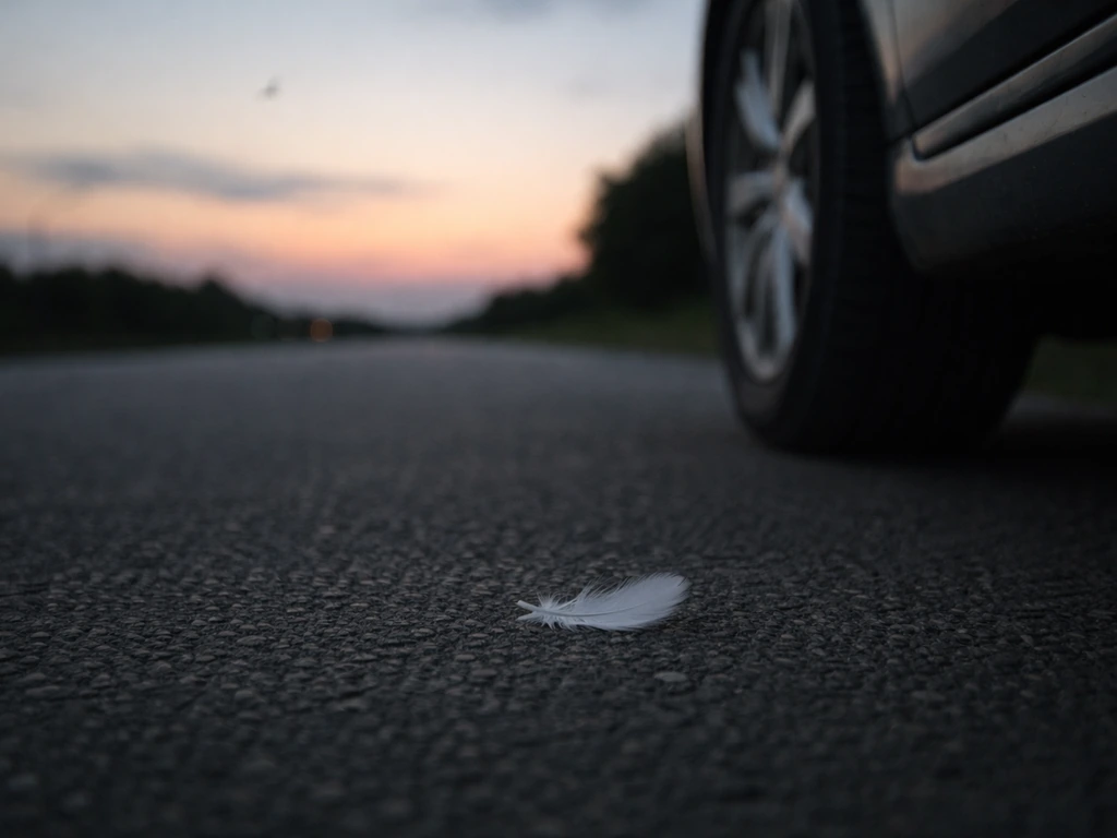 Small white feather on pavement near a parked car at dusk, calm reflective mood with distant bird silhouette