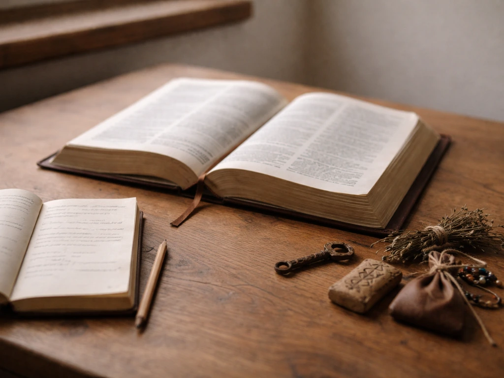 Open Bible on a desk beside a notebook and a few old folk charm items, softly lit
