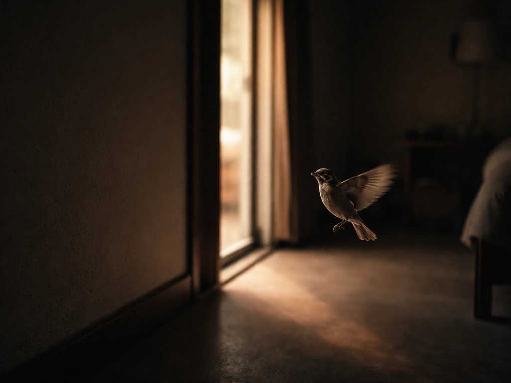 A small bird fluttering inside a dim room near an open window, symbolizing a tense bird-in-the-house moment.