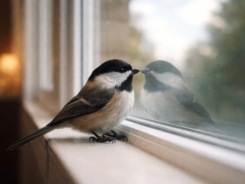 A small bird near a window, with glass reflections resembling open sky indoors.