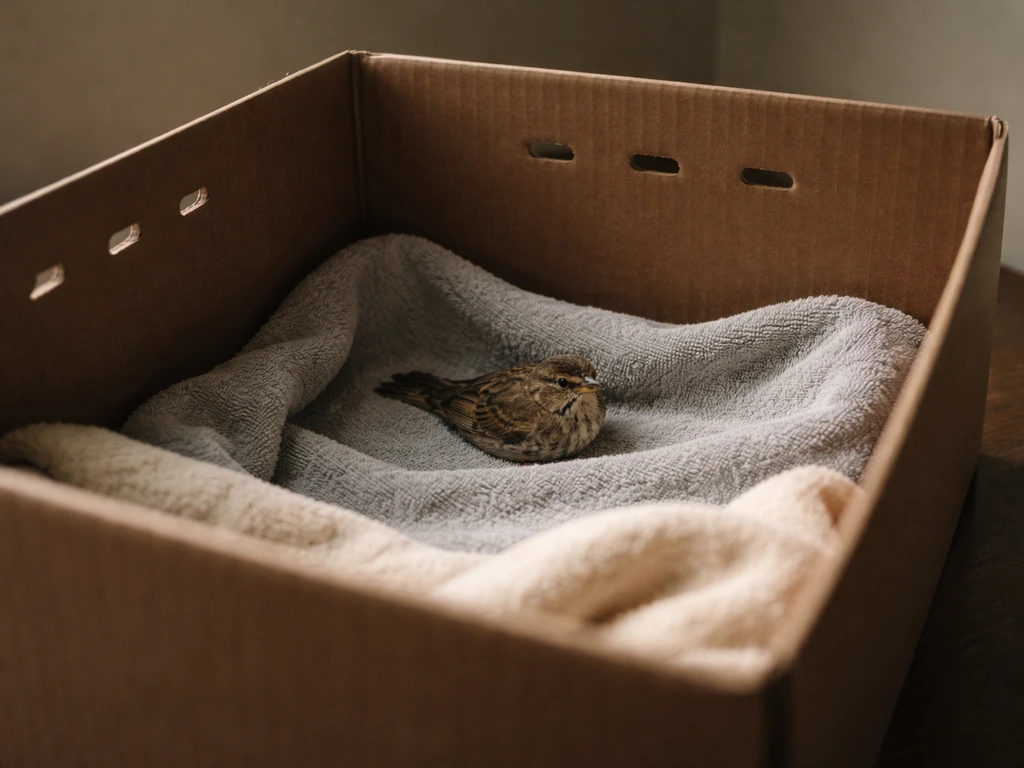 A small bird resting inside a lined, ventilated cardboard box in a dim quiet room.