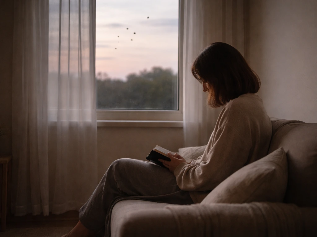 Person seated by a window at home journaling quietly, calm reflective mood with faint birds outside.
