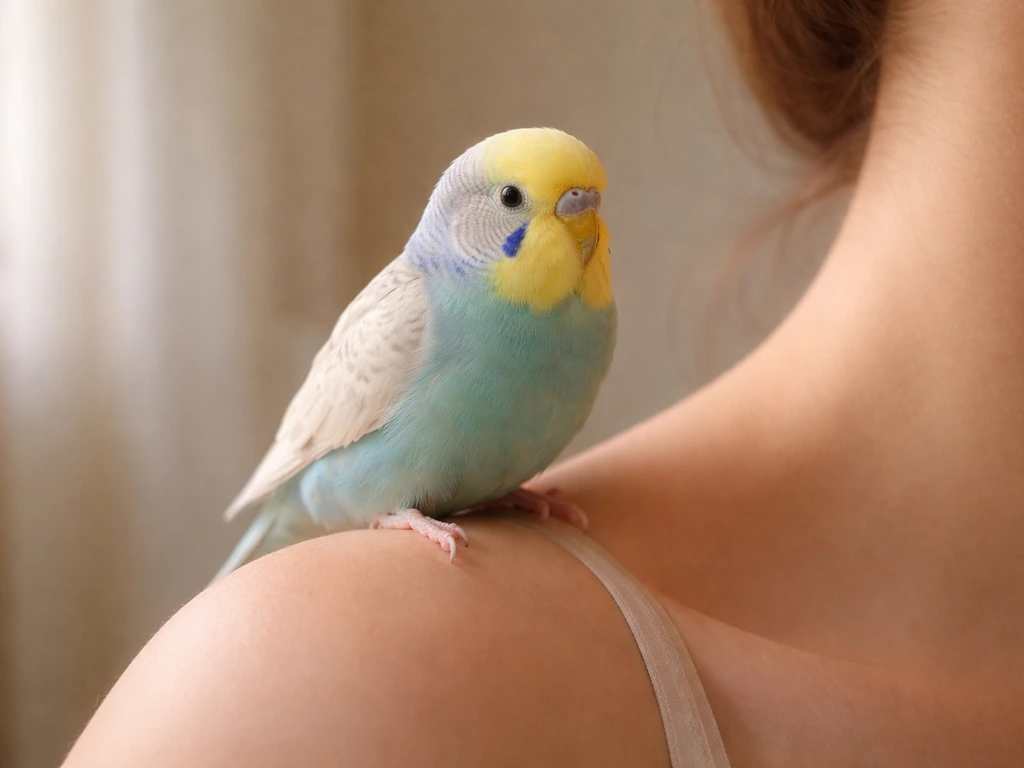 Small pet bird calmly perched on an owner’s shoulder indoors, relaxed and trusting.