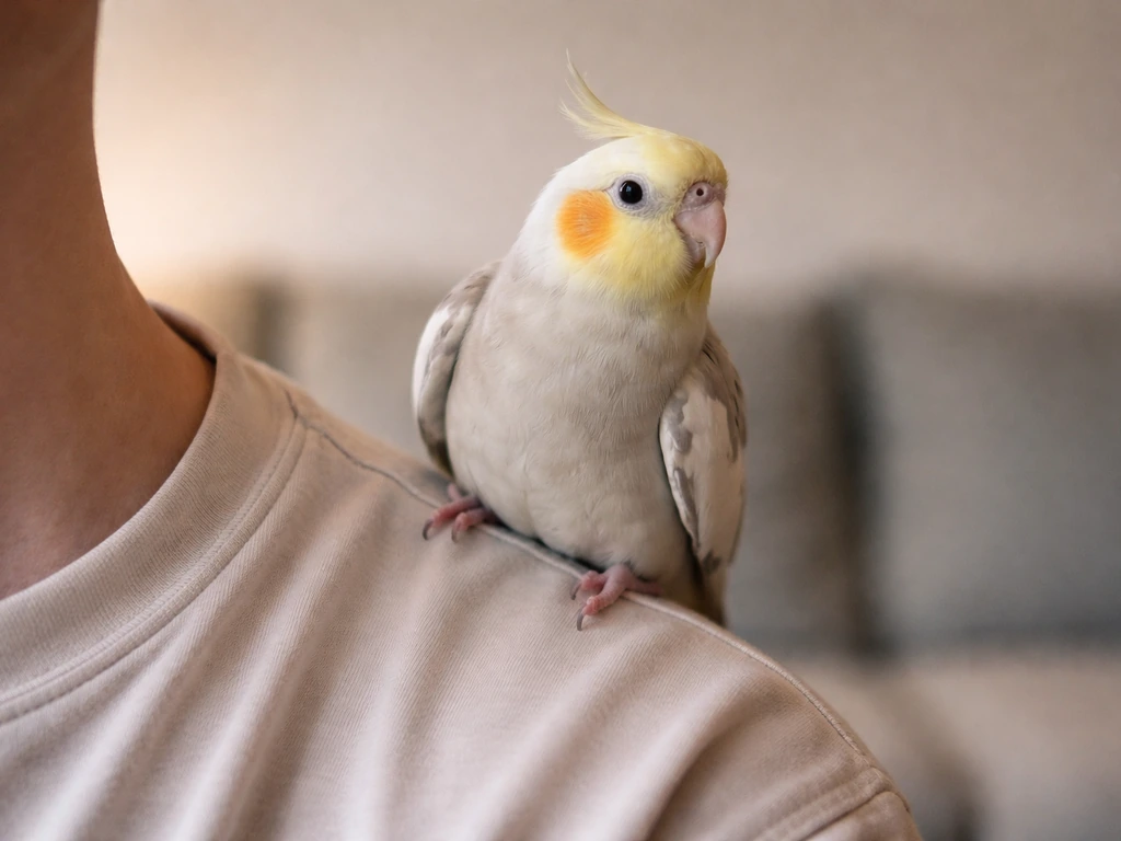 Small pet bird perched on a person’s shoulder, close-up in soft natural light