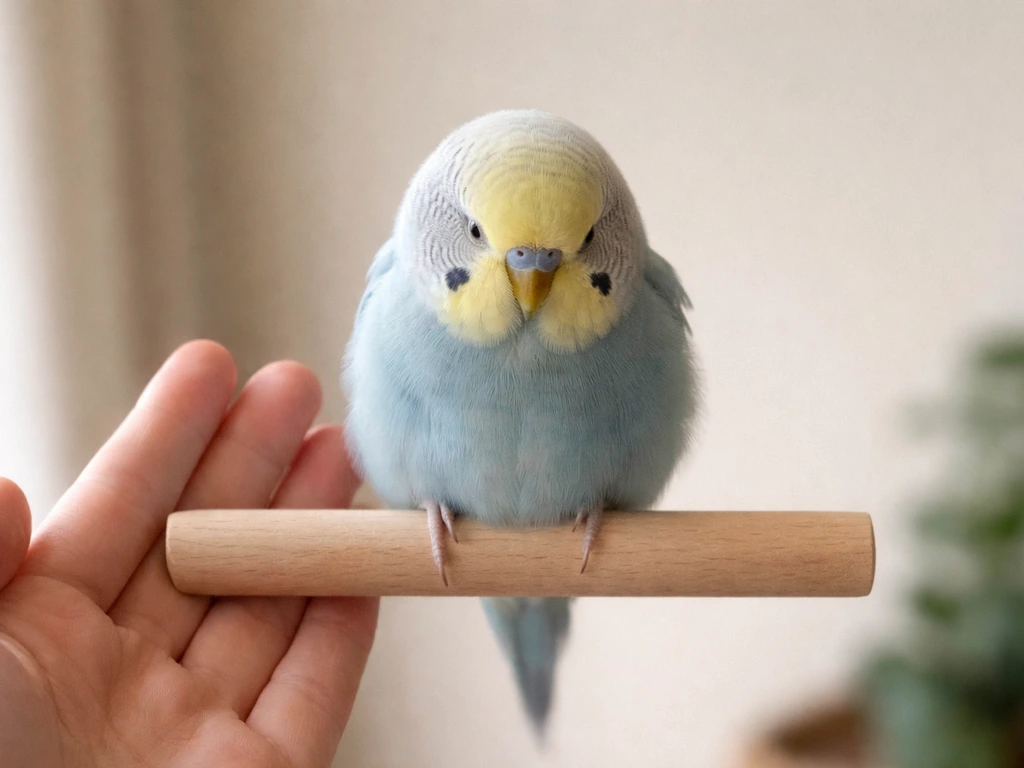 Small pet bird perched on a dowel beside a hand, showing relaxed body language cues up close.