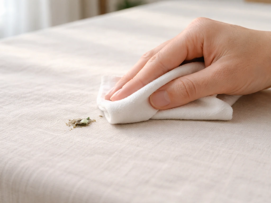 Clothing fabric being gently cleaned with a damp cloth over a small drop of bird droppings