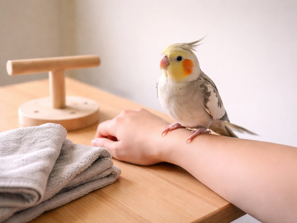 Small pet bird perched on a forearm next to a simple perch and soft fabric for safer redirection.