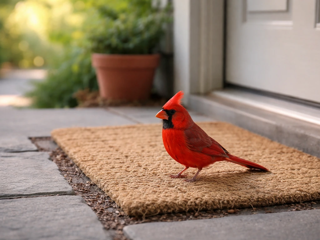 A vivid red bird perched near a home doorstep in natural daylight, calm and noticeable mood.
