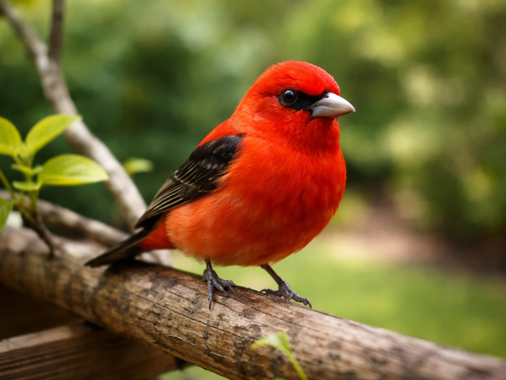 Vivid red songbird perched beside a backyard feeder branch with soft green background blur.
