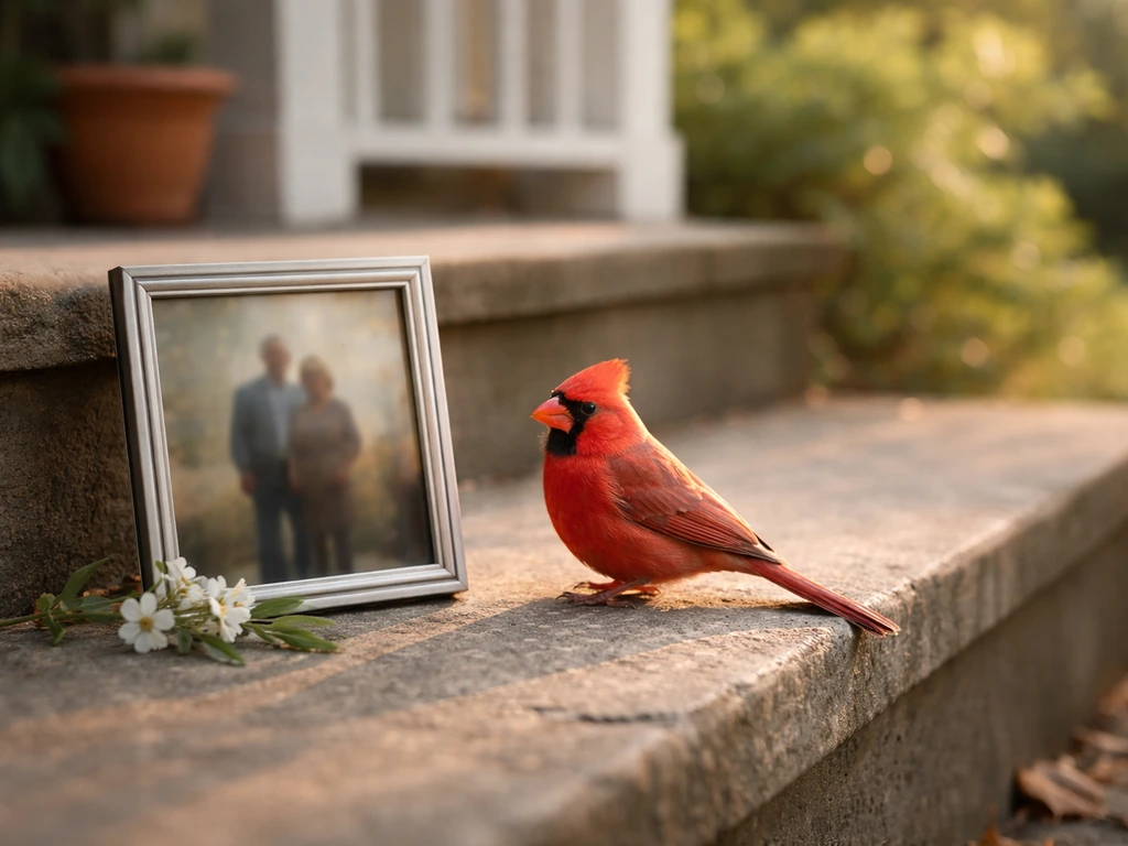 Red cardinal perched beside a simple memorial photo frame on an outdoor step in soft morning light.