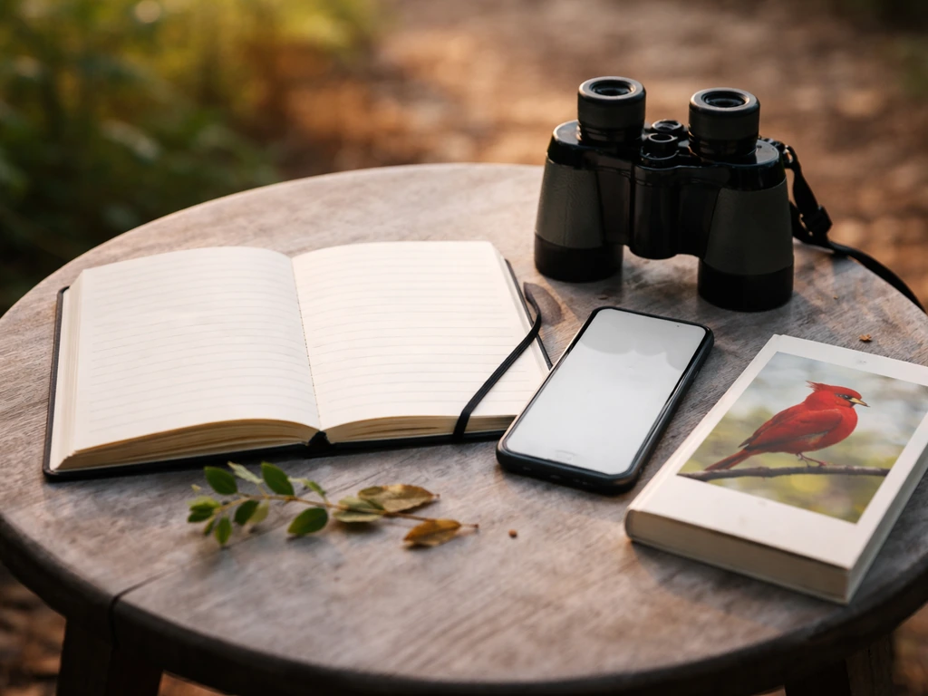 Notebook and phone on a table with binoculars and a red bird field guide, capturing bird-watching notes