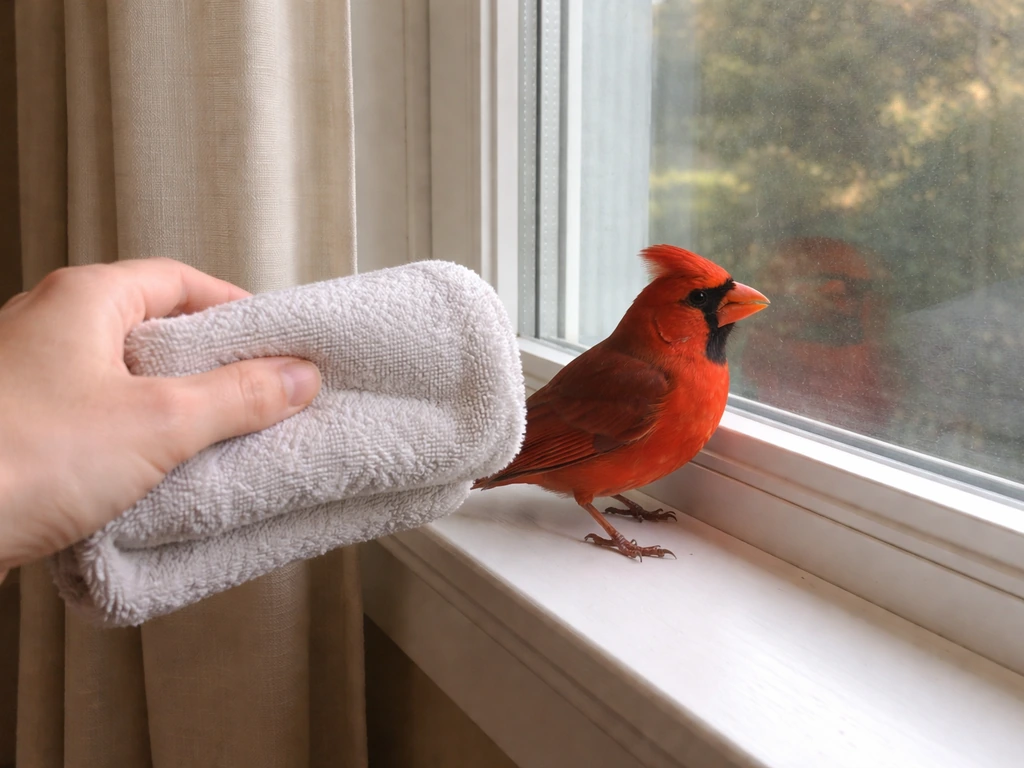 Red bird near a window with a hand holding a towel to help it move away safely.