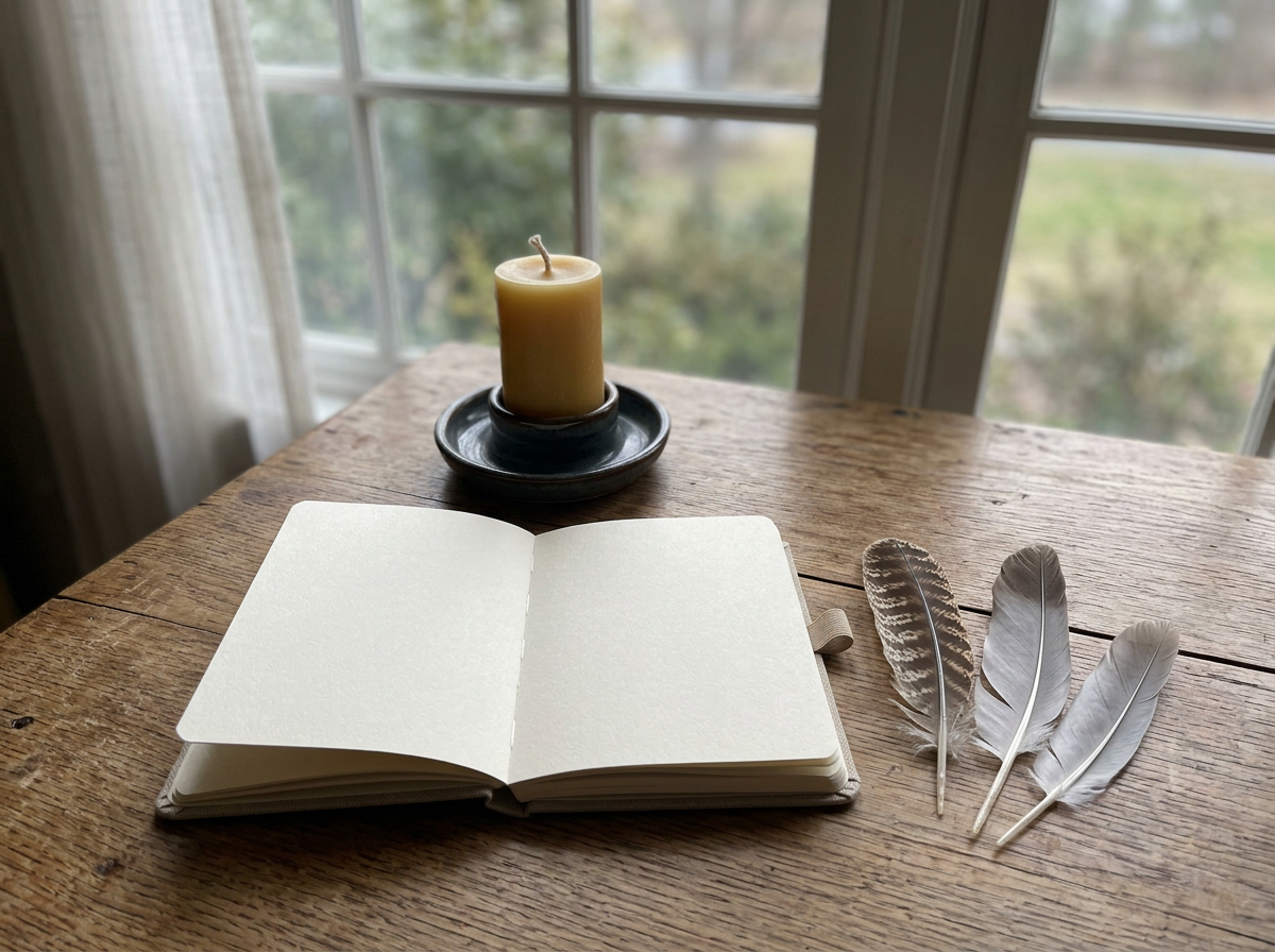 Bird symbolism reading materials: feathers and a journal with blank pages