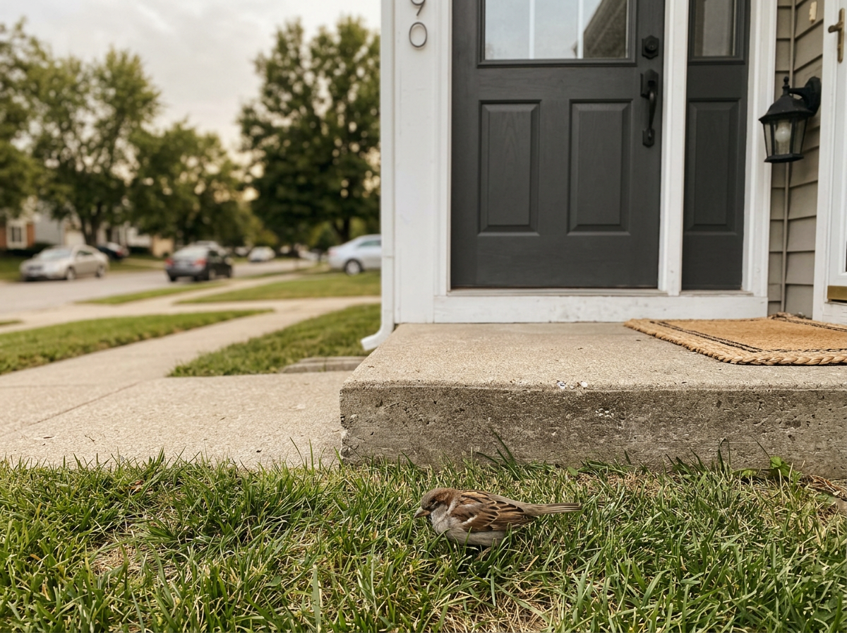 Close-up of an outdoor entryway with a dead bird near a doorway