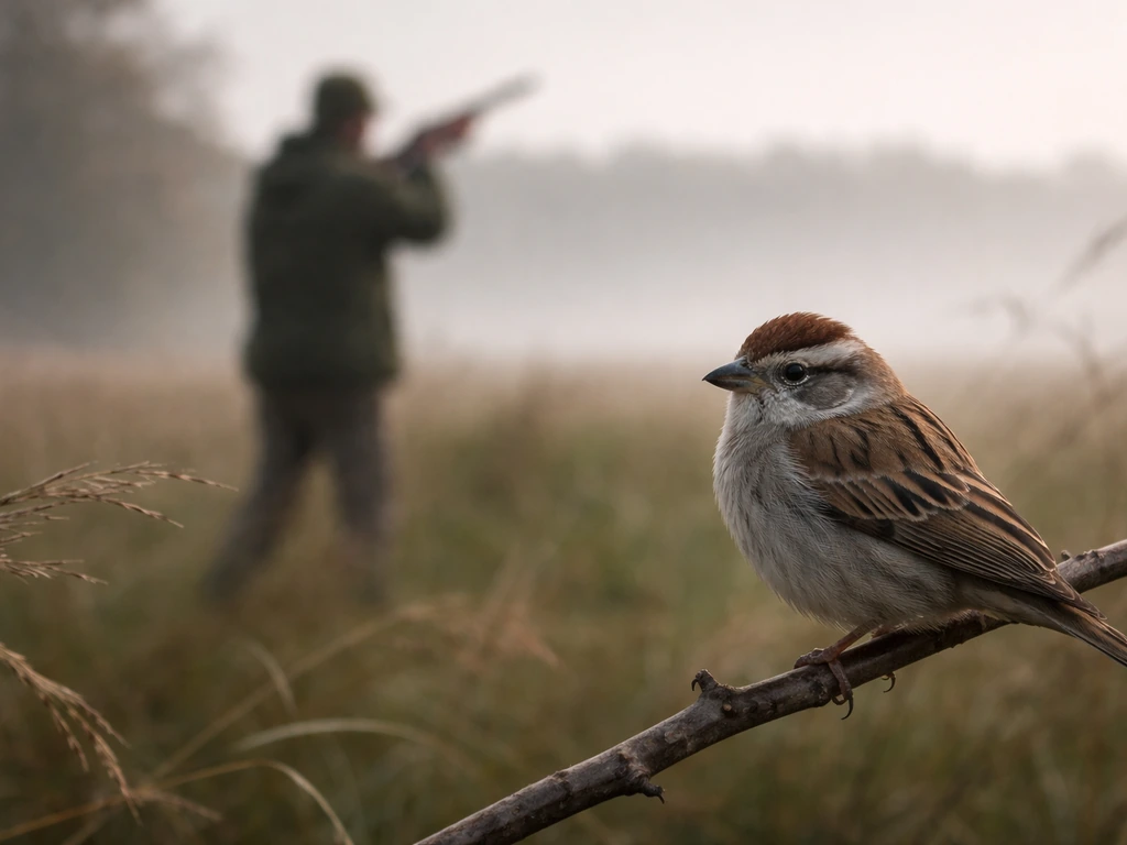 A perched bird in sharp focus with a blurred hunter silhouette in the background, tense and symbolic.