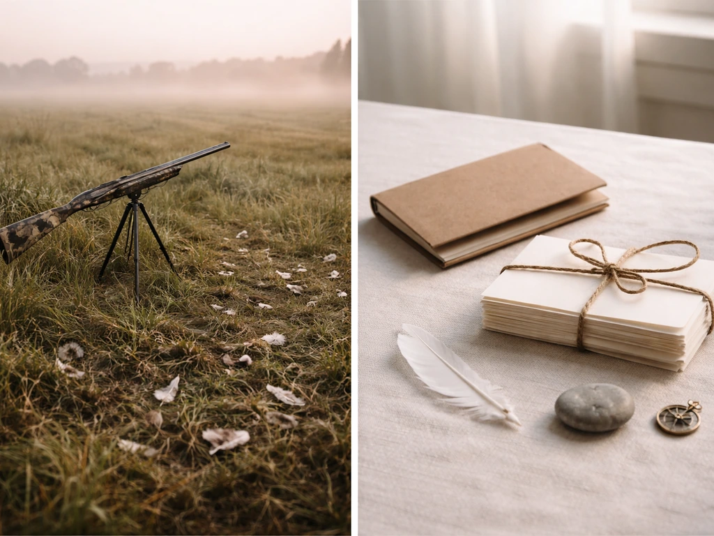 Left: hunting field with shotgun and feathers; Right: calm tabletop with blank note cards and symbolic items.