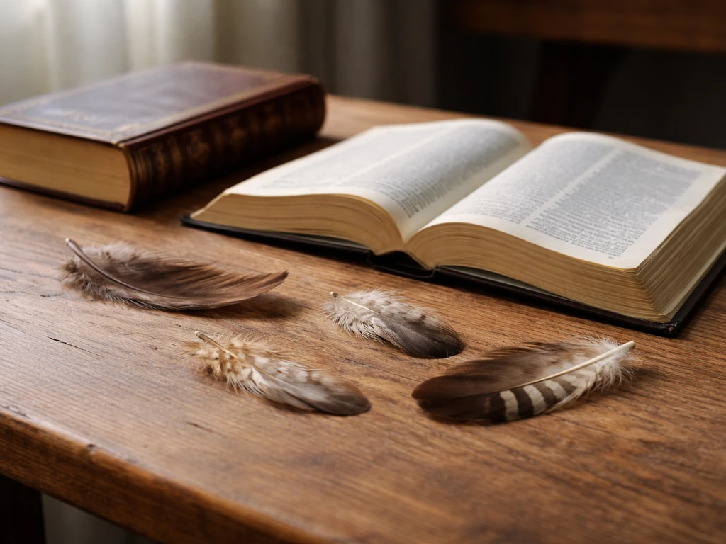 Close-up of open Bible and law-book style book with a few bird feathers on a wooden table.