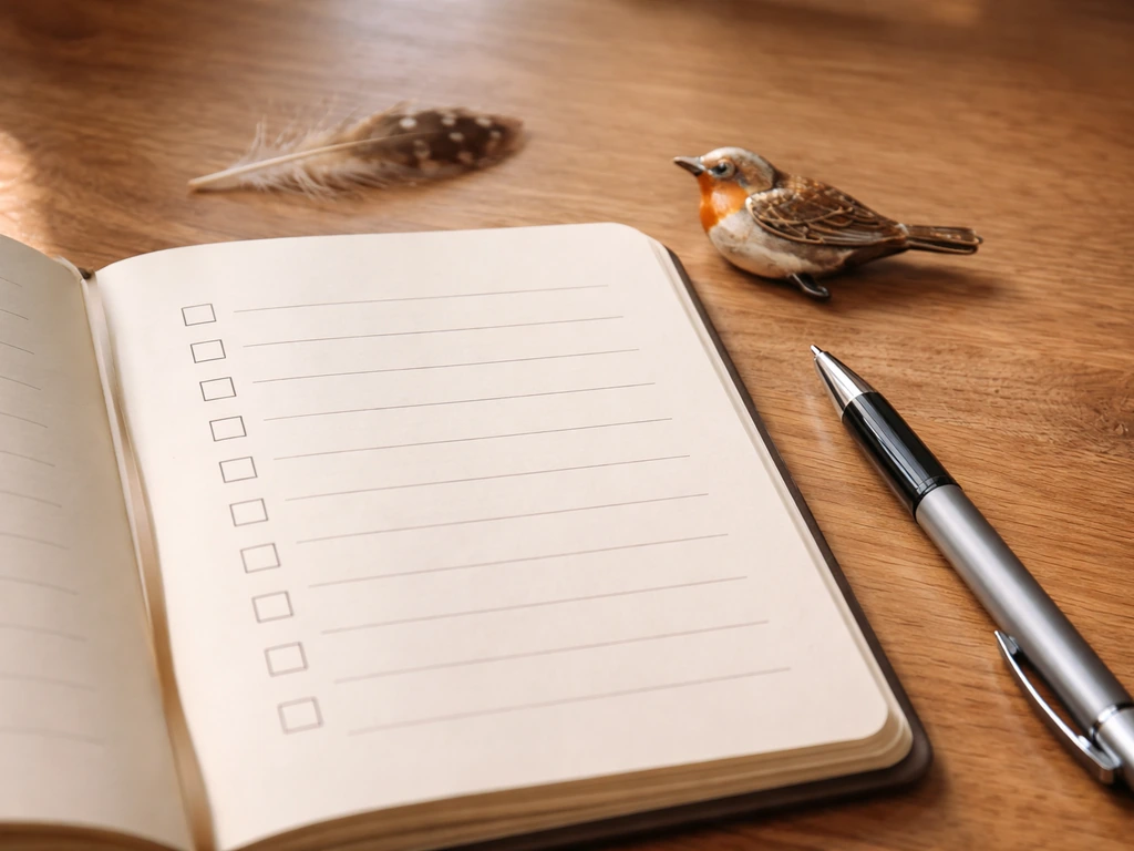 Open notebook on a wooden desk with a pen and a feather/bird-brooch beside it.