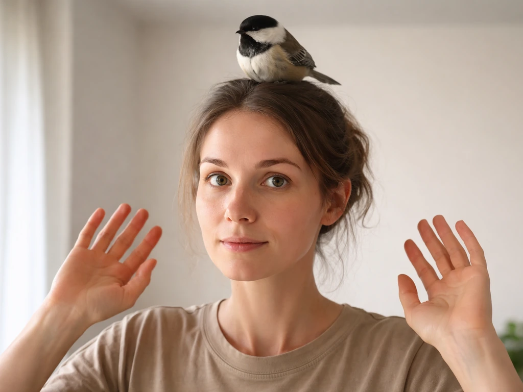 Person staying still with hands raised slightly while a bird perches securely on their head