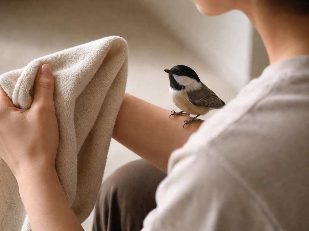 Adult holding a light towel near a small bird perched on their arm, poised to guide it off safely.