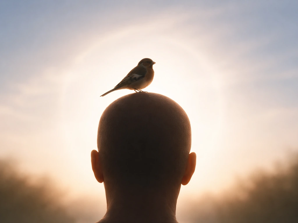 A small bird perched on a simple head silhouette with a soft halo glow behind it